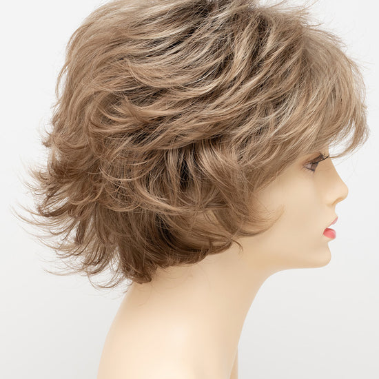 profile side of a short Kinner Beauty Wigs wig for woman on mannequin head 