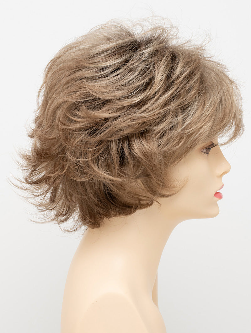 profile side of a short Kinner Beauty Wigs wig for woman on mannequin head 