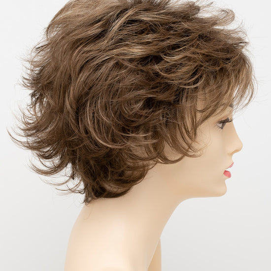 profile side of a short Kinner Beauty Wigs wig for woman on mannequin head 