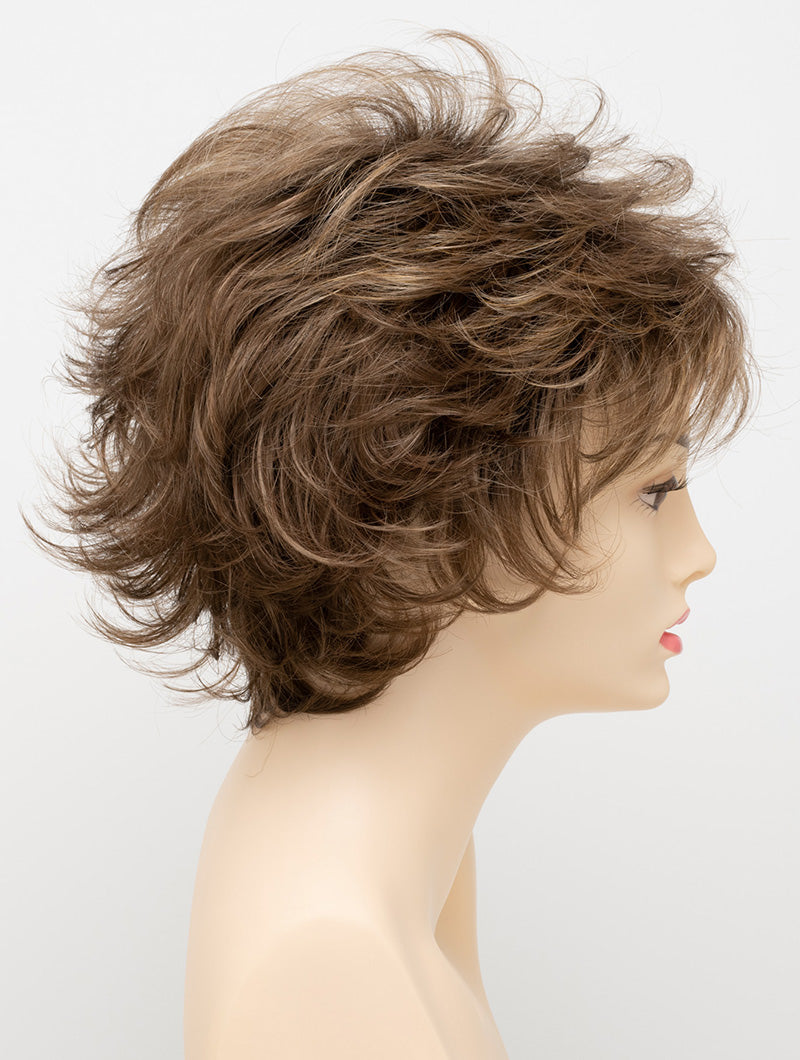 profile side of a short Kinner Beauty Wigs wig for woman on mannequin head 