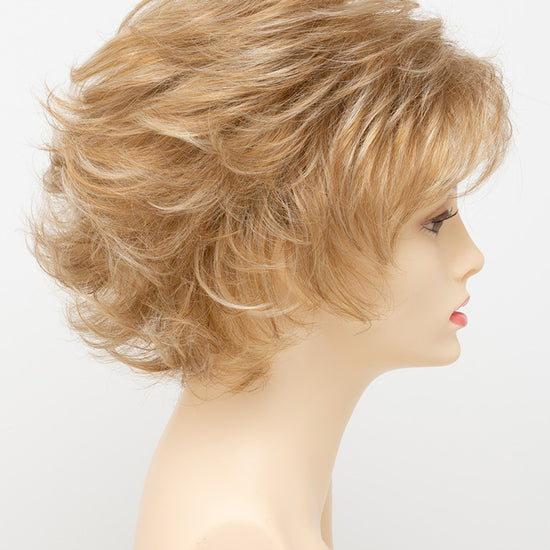 profile side of a short Kinner Beauty Wigs wig for woman on mannequin head 