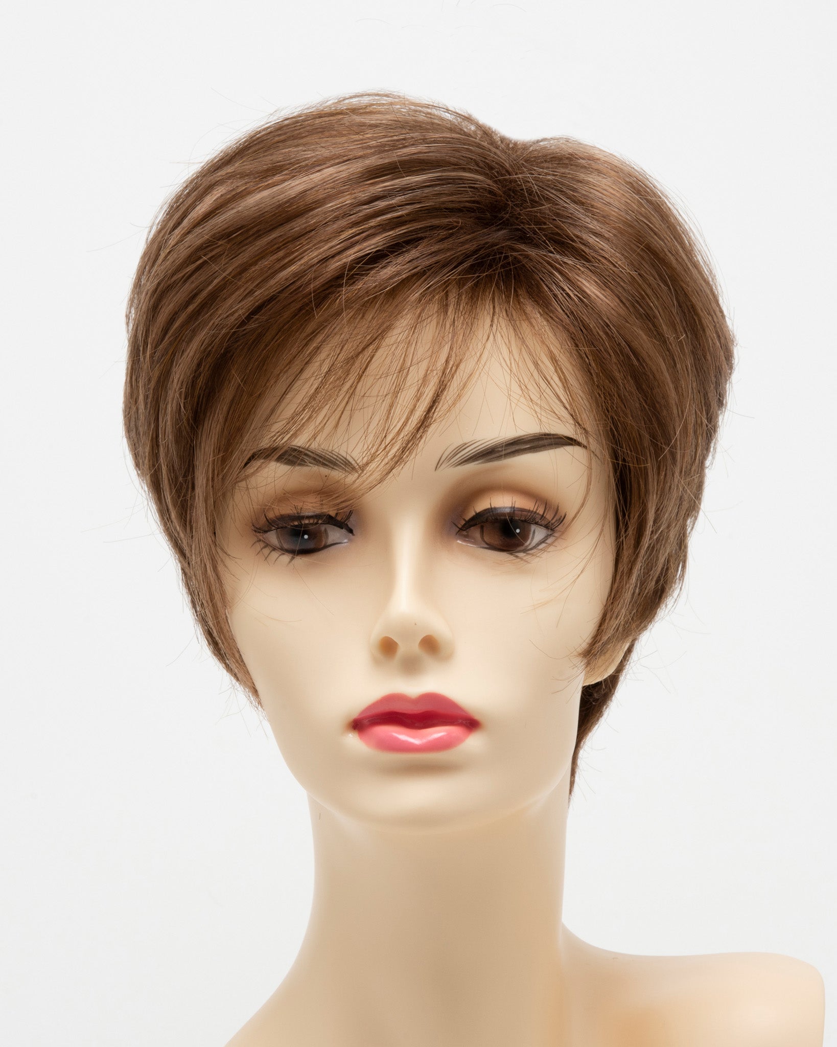 front side of a short Kinner Beauty Wigs wig for woman on mannequin head 