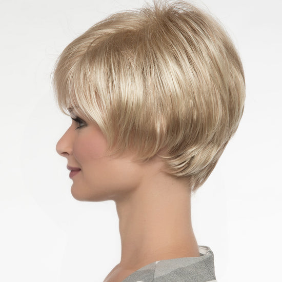 profile side of a short Kinner Beauty Wigs wig on woman head 