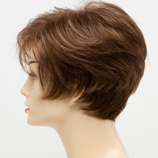 profile side of a short Kinner Beauty Wigs wig for woman on mannequin head 