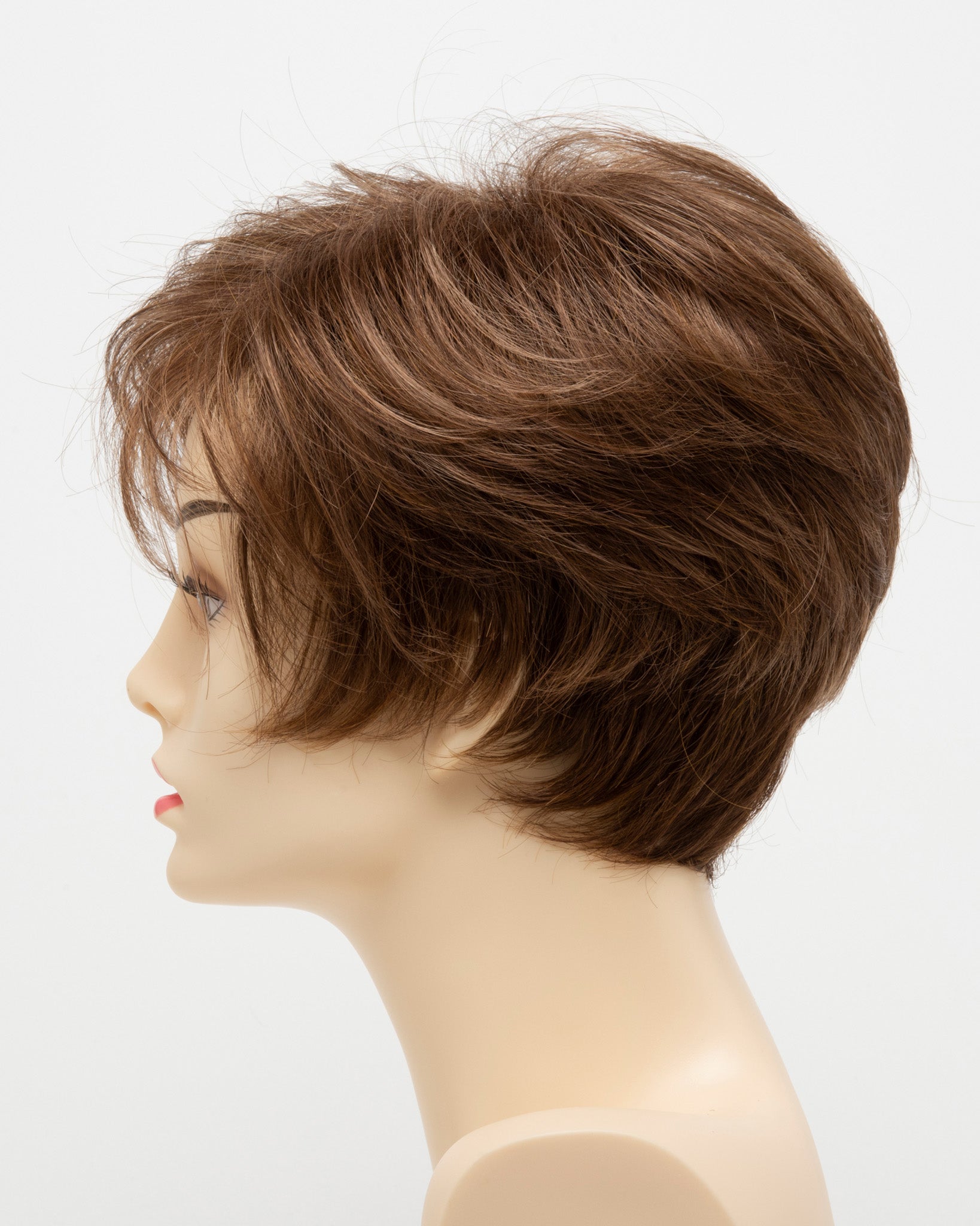 profile side of a short Kinner Beauty Wigs wig for woman on mannequin head 