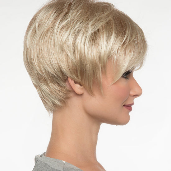 profile side of a short Kinner Beauty Wigs wig on woman head 