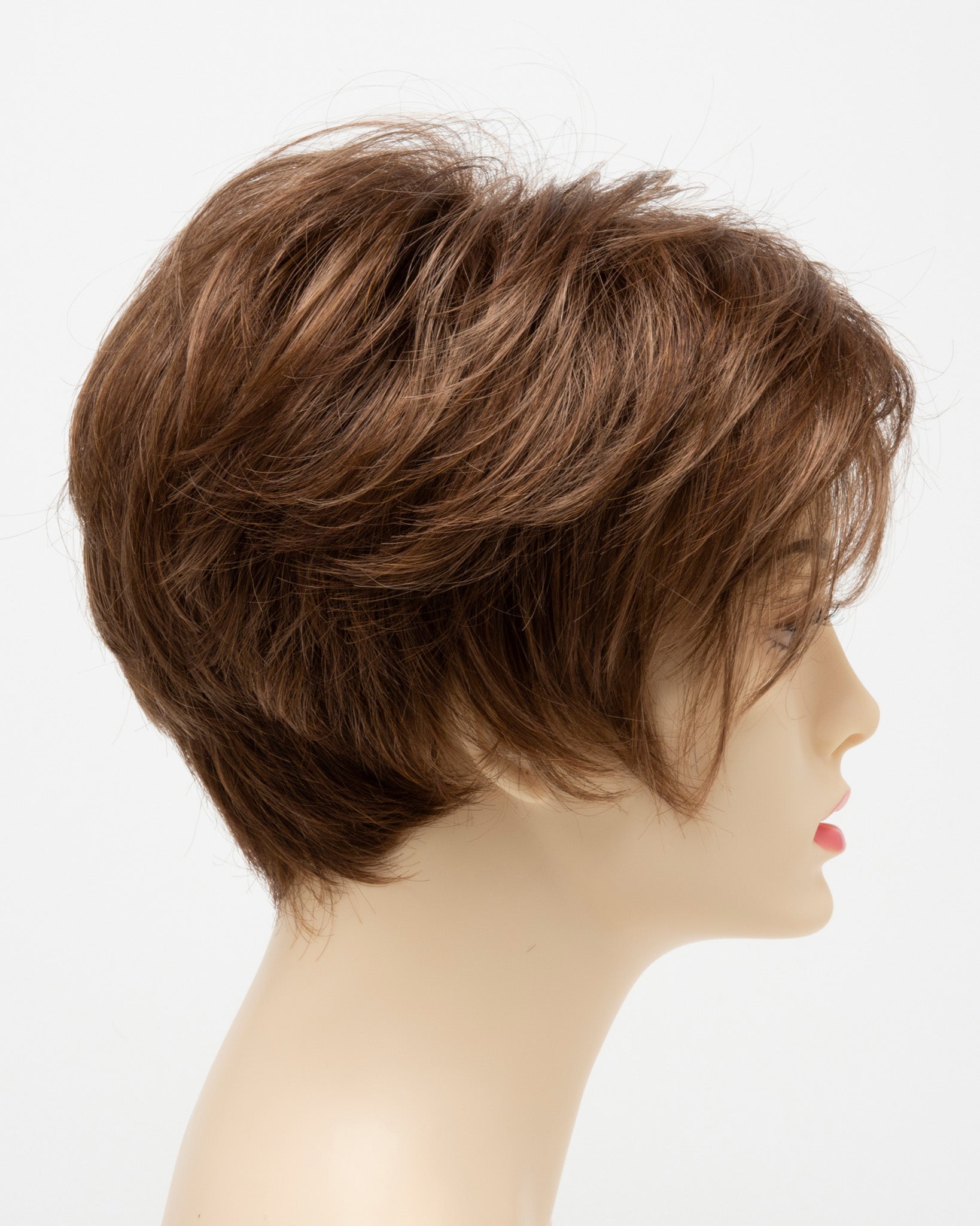 profile side of a short Kinner Beauty Wigs wig for woman on mannequin head 