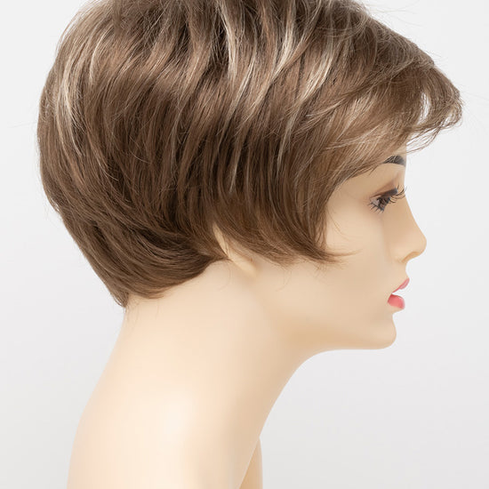 profile side of a short Kinner Beauty Wigs wig for woman on mannequin head 