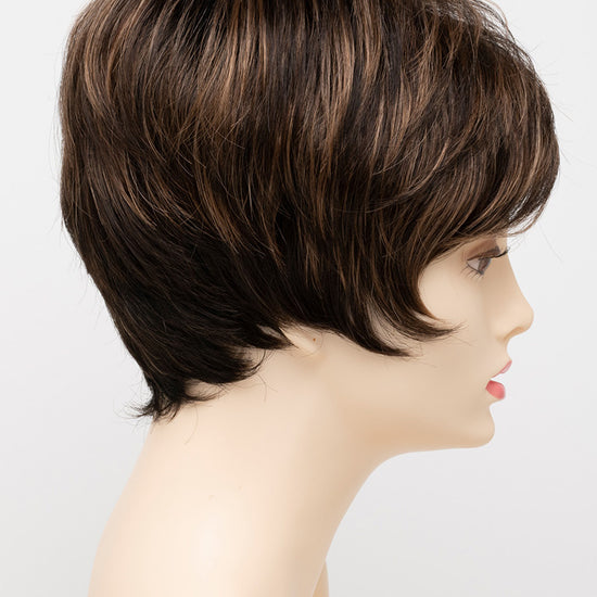 profile side of a short Kinner Beauty Wigs wig for woman on mannequin head 