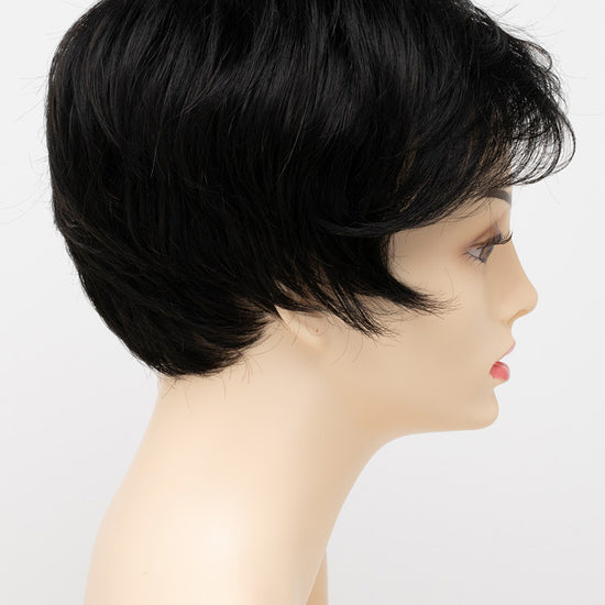 profile side of a short Kinner Beauty Wigs wig for woman on mannequin head 