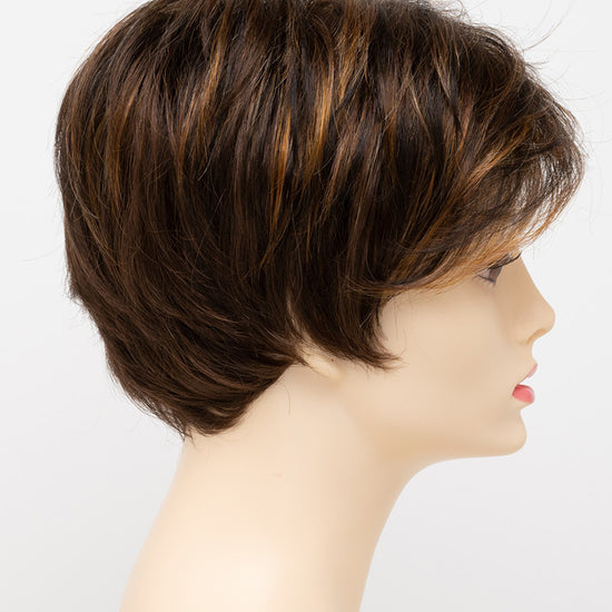 profile side of a short Kinner Beauty Wigs wig for woman on mannequin head 