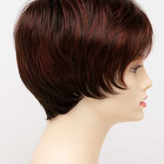 profile side of a short Kinner Beauty Wigs wig for woman on mannequin head 