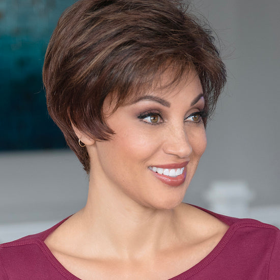 profile side of a short Kinner Beauty Wigs wig on woman head 