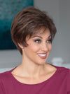 profile side of a short Kinner Beauty Wigs wig on woman head 