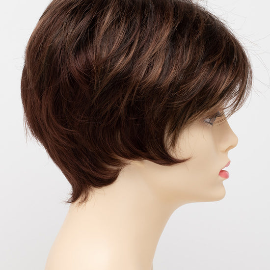 profile side of a short Kinner Beauty Wigs wig for woman on mannequin head 