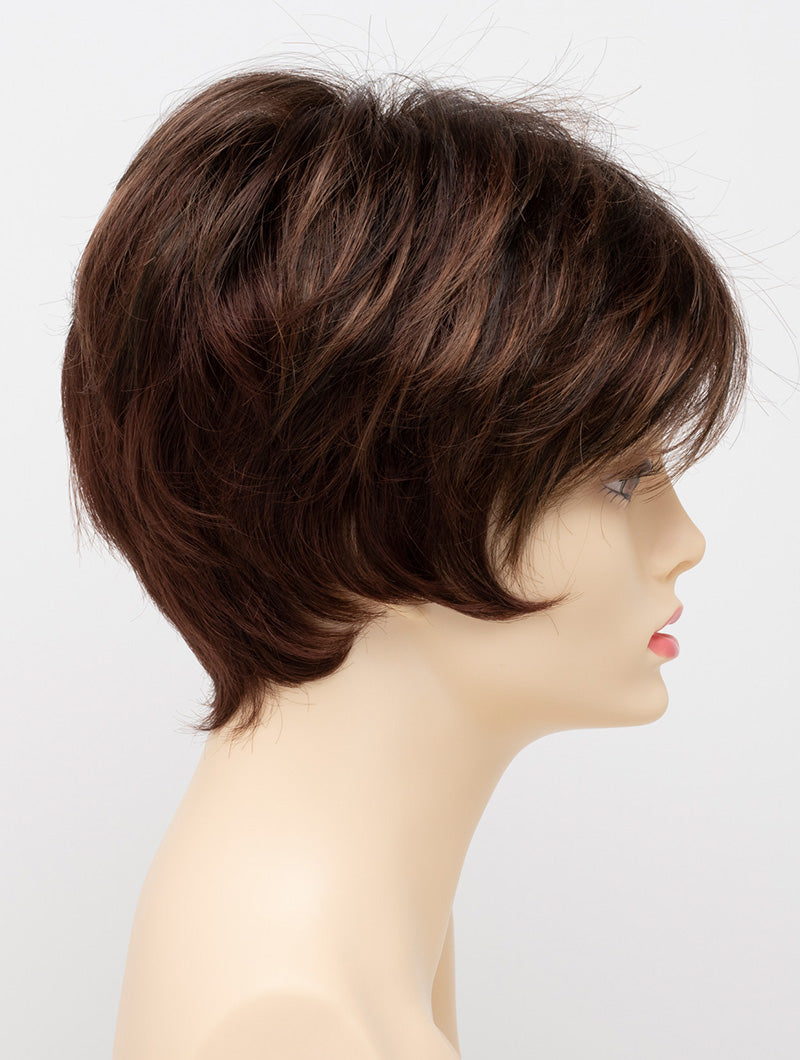 profile side of a short Kinner Beauty Wigs wig for woman on mannequin head 