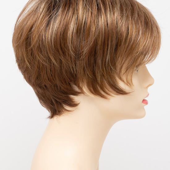 profile side of a short Kinner Beauty Wigs wig for woman on mannequin head 