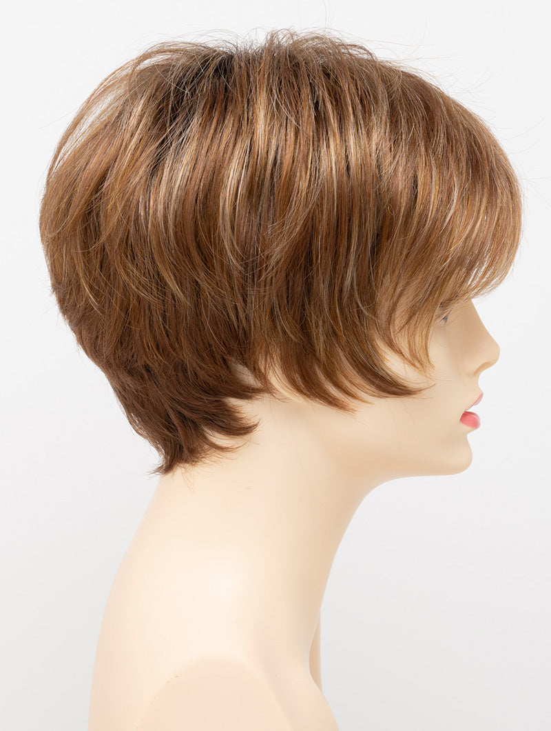 profile side of a short Kinner Beauty Wigs wig for woman on mannequin head 