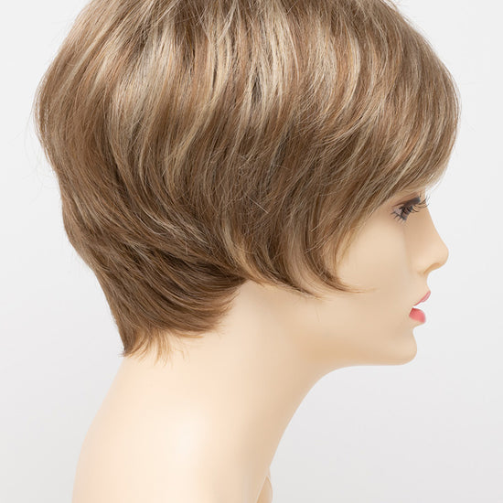 profile side of a short Kinner Beauty Wigs wig for woman on mannequin head 