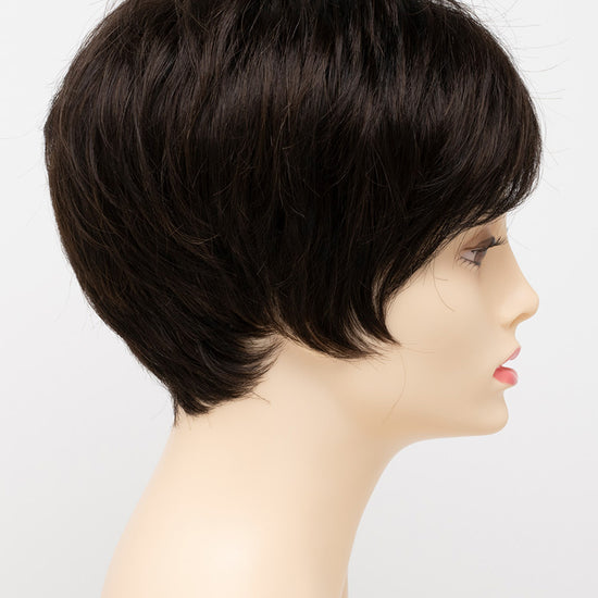 profile side of a short Kinner Beauty Wigs wig for woman on mannequin head 