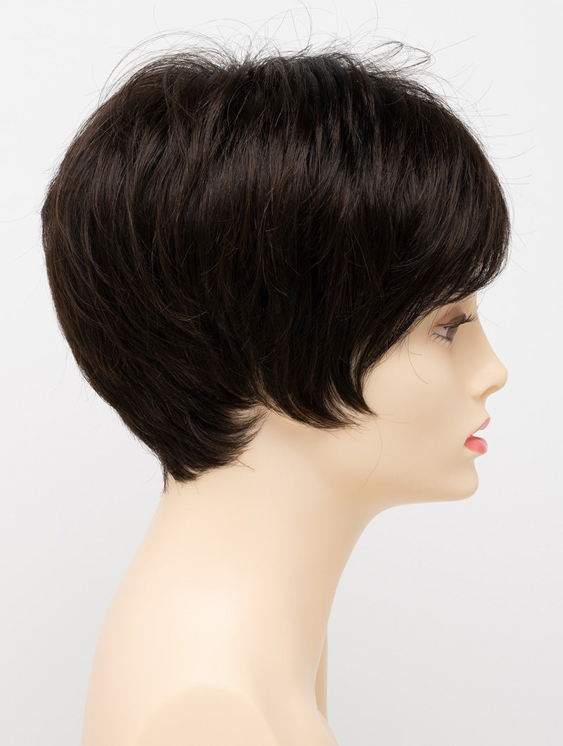 profile side of a short Kinner Beauty Wigs wig for woman on mannequin head 