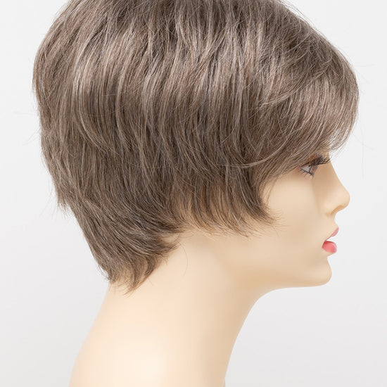 profile side of a short Kinner Beauty Wigs wig for woman on mannequin head 