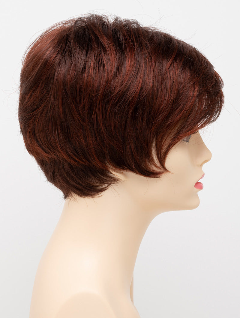 profile side of a short Kinner Beauty Wigs wig for woman on mannequin head 