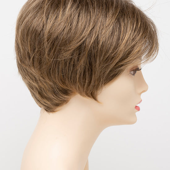 profile side of a short Kinner Beauty Wigs wig for woman on mannequin head 