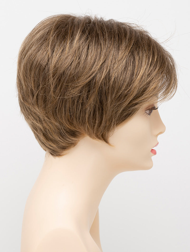 profile side of a short Kinner Beauty Wigs wig for woman on mannequin head 