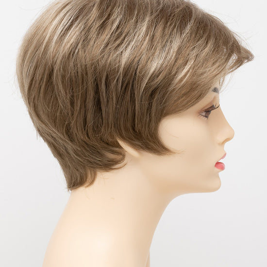 profile side of a short Kinner Beauty Wigs wig for woman on mannequin head 