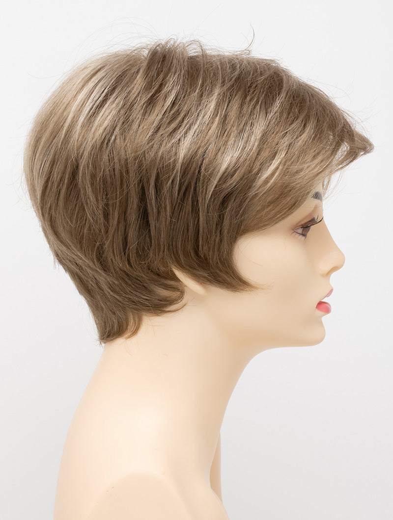 profile side of a short Kinner Beauty Wigs wig for woman on mannequin head 