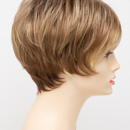 profile side of a short Kinner Beauty Wigs wig for woman on mannequin head 