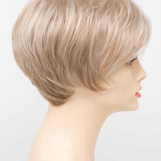 profile side of a short Kinner Beauty Wigs wig for woman on mannequin head 