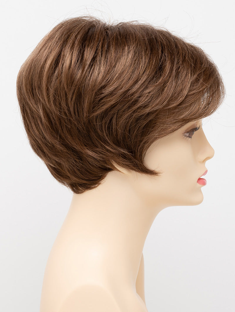 profile side of a short Kinner Beauty Wigs wig for woman on mannequin head 