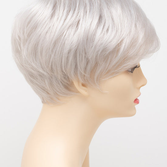 profile side of a short Kinner Beauty Wigs wig for woman on mannequin head 