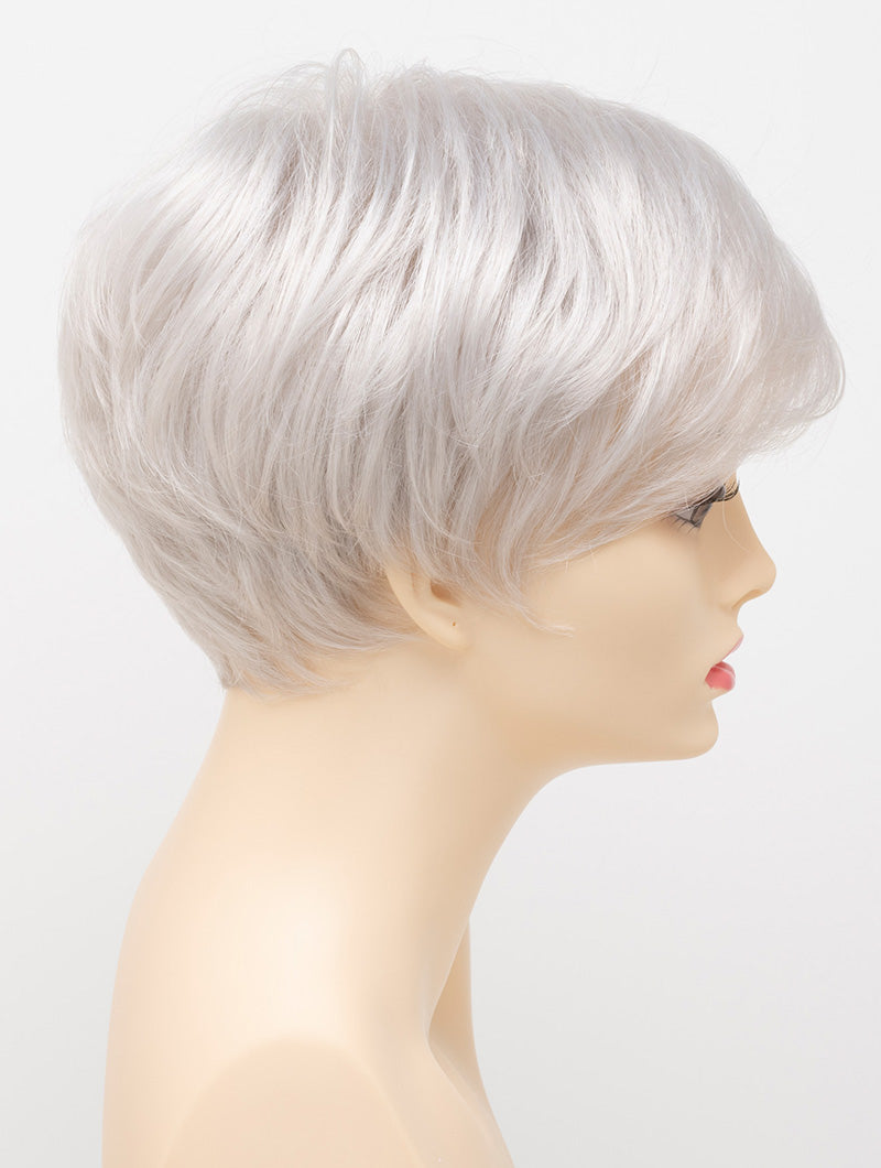 profile side of a short Kinner Beauty Wigs wig for woman on mannequin head 