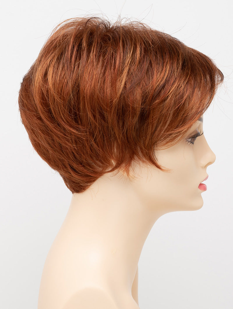 profile side of a short Kinner Beauty Wigs wig for woman on mannequin head 