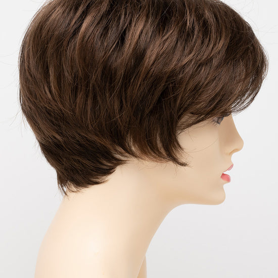 profile side of a short Kinner Beauty Wigs wig for woman on mannequin head 