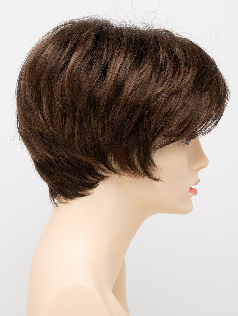 profile side of a short Kinner Beauty Wigs wig for woman on mannequin head 