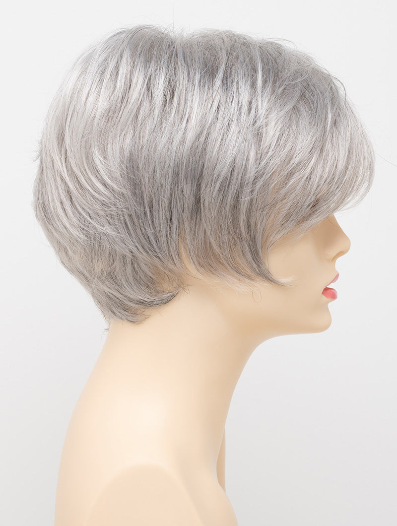 profile side of a short Kinner Beauty Wigs wig for woman on mannequin head 