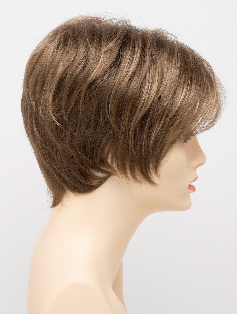 profile side of a short Kinner Beauty Wigs wig for woman on mannequin head 