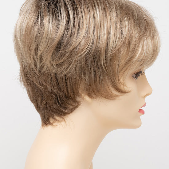 profile side of a short Kinner Beauty Wigs wig for woman on mannequin head 