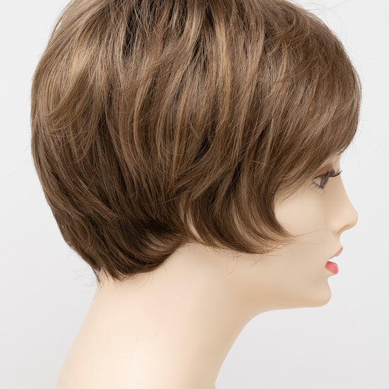 profile side of a short Kinner Beauty Wigs wig for woman on mannequin head 