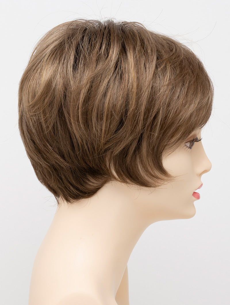 profile side of a short Kinner Beauty Wigs wig for woman on mannequin head 