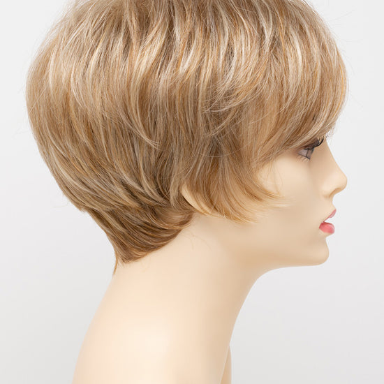 profile side of a short Kinner Beauty Wigs wig for woman on mannequin head 