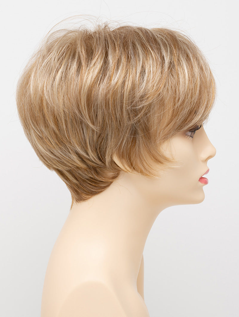 profile side of a short Kinner Beauty Wigs wig for woman on mannequin head 