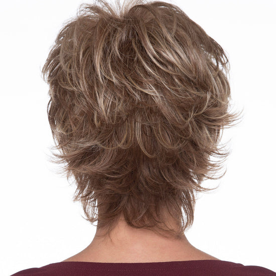 back side of a short Kinner Beauty Wigs wig on woman head 