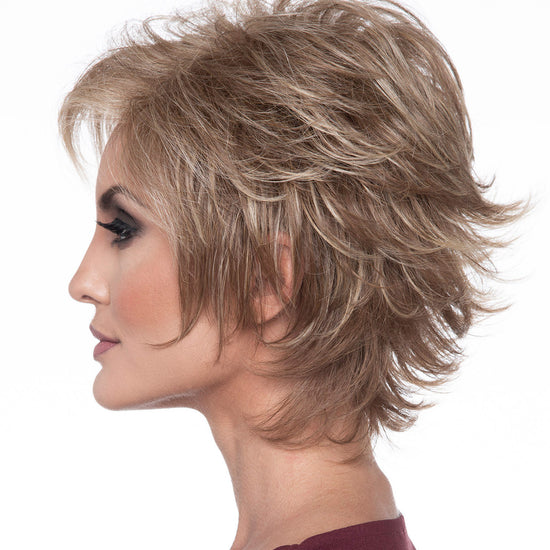 profile side of a short Kinner Beauty Wigs wig on woman head 