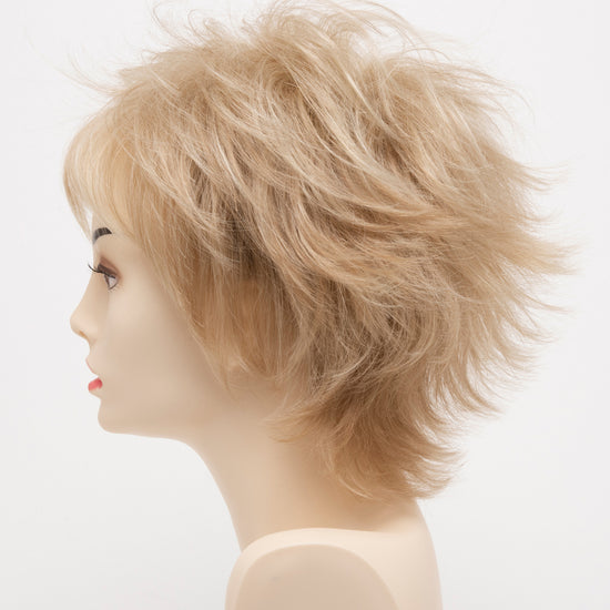 profile side of a short Kinner Beauty Wigs wig for woman on mannequin head 