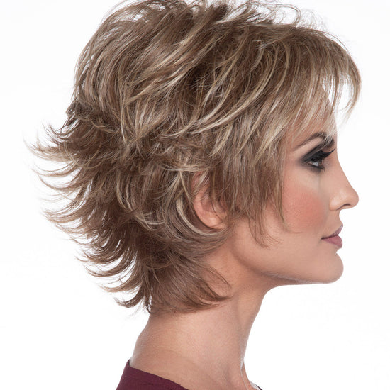 profile side of a short Kinner Beauty Wigs wig on woman head 